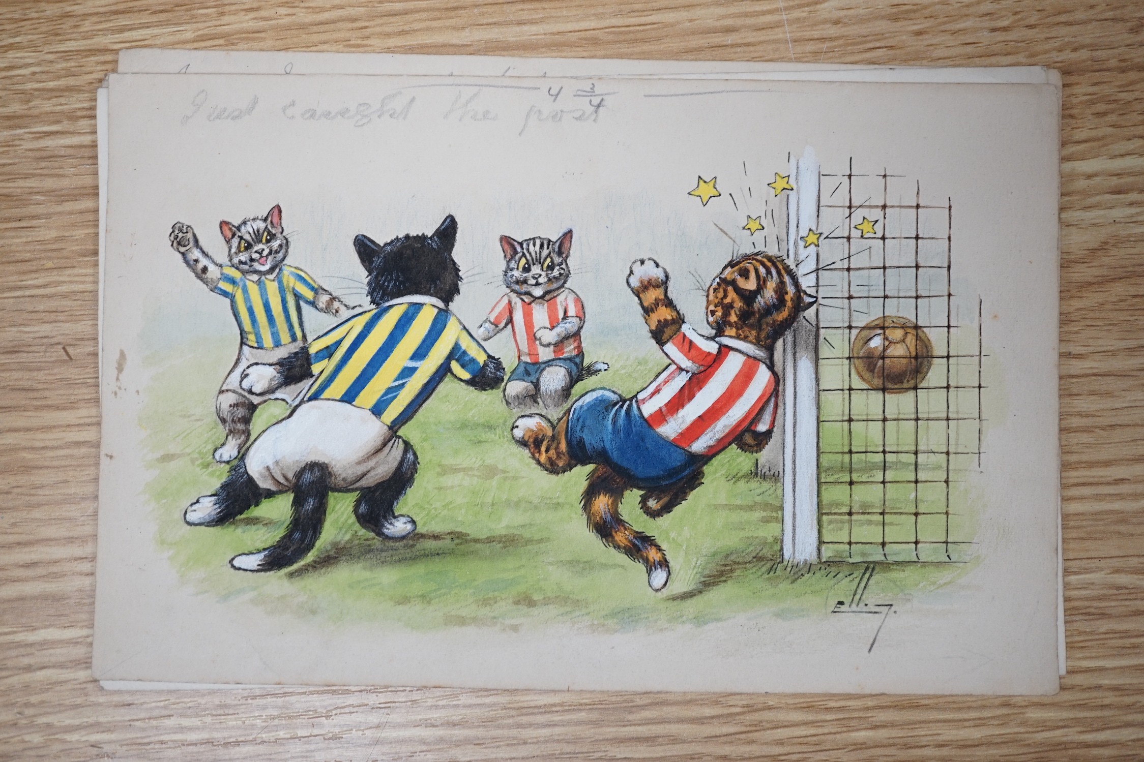 William Henry Ellam, set of six original watercolour artworks for postcards, Humorous sporting cats, 14 x 23cm, unframed